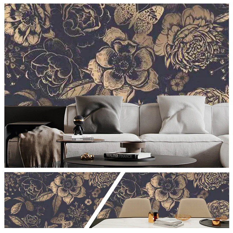 Ink Floral Self Adhesive Wallpaper Black Watercolor Flower Removable Peel and Stick Wall Decorations Wallpaper for Bedroom Cabin