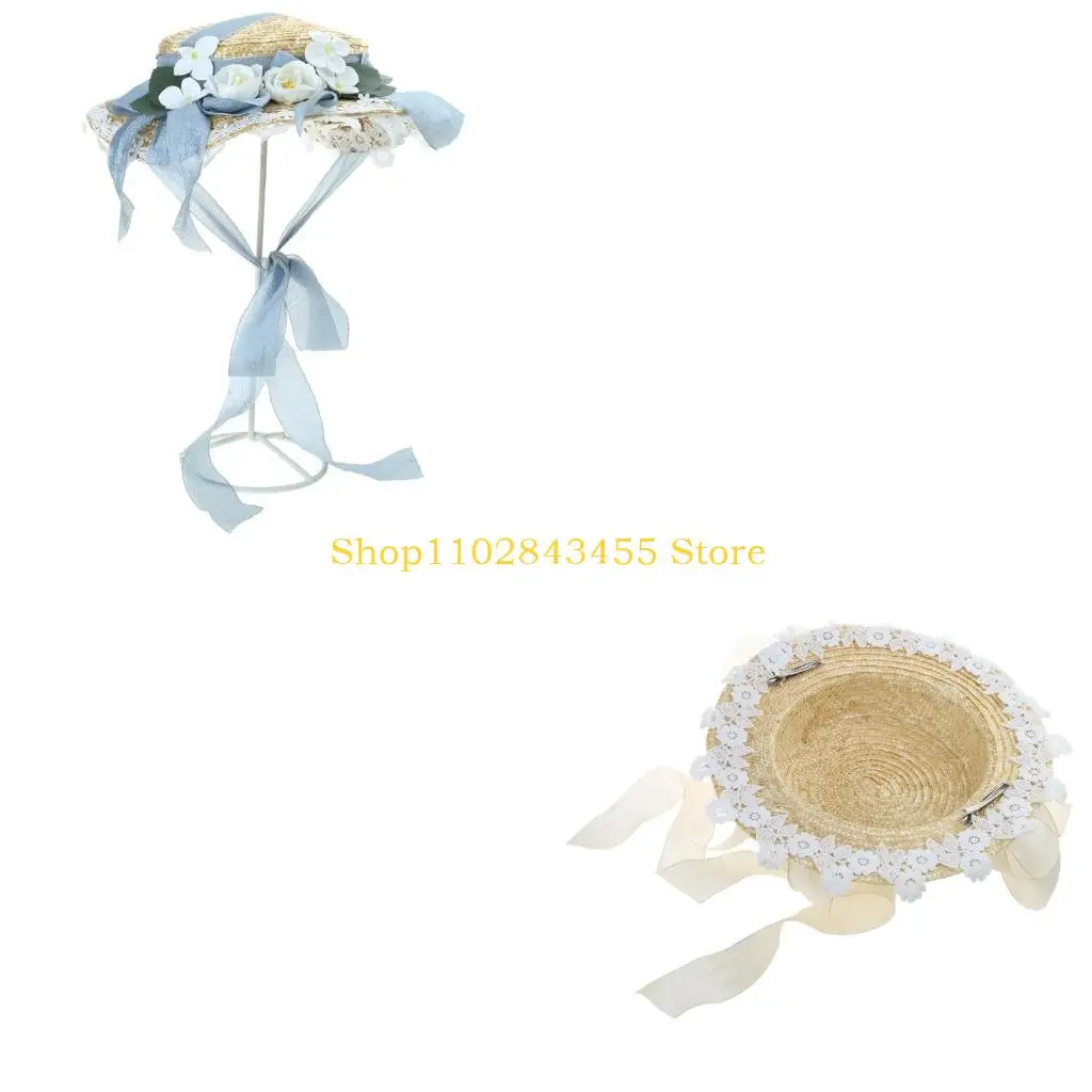 49MC Girl Vacation Beach Sun Flat Hat Travel Flat Bonnets Summer Straw Weaving Hat