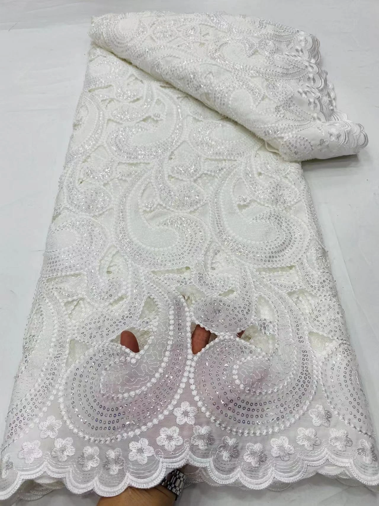 

2024African Nigeria Fashion Lace Fabric High Quality Pure Embroidery Party Wedding Tulle Dress Cotton Damask White 5Yard