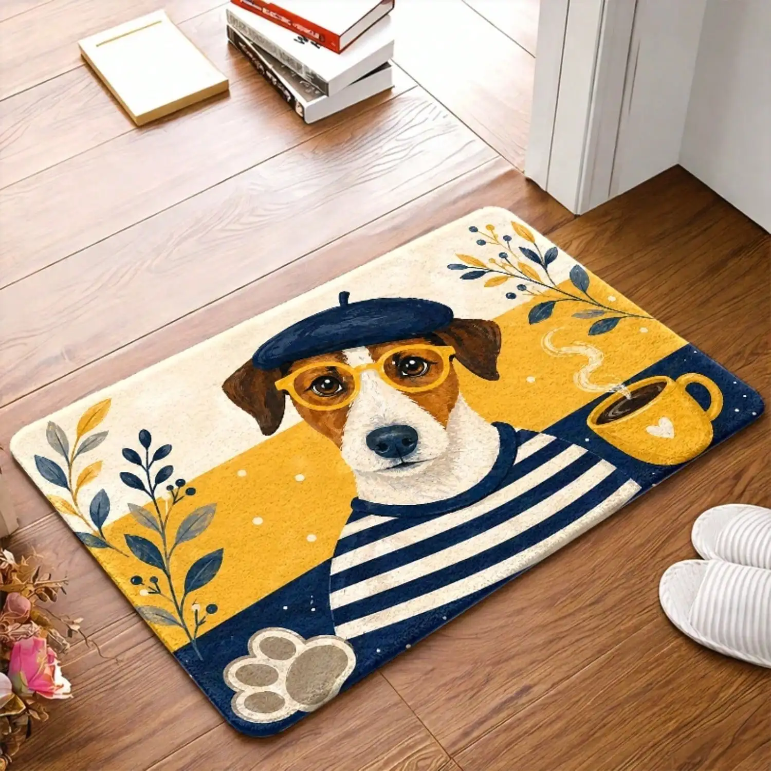 1pc Cute Pup With Hat & Glasses Suitable For Living Room, Bedroom, Kitchen, Bathroom - Machine-Washable Suitable For Front Door, Balcony, Porch, Entryway