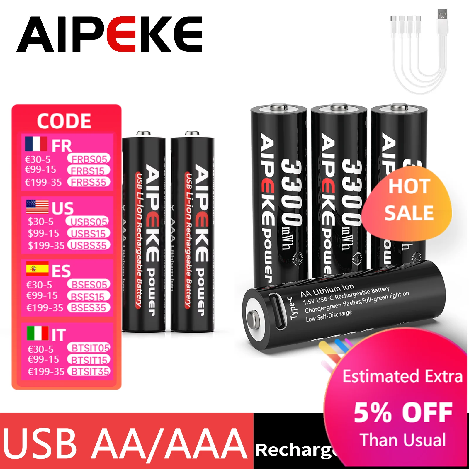 

lithium Battery Aa and Aaa Rechargeable Batteries 3300mWh USB AA rechargeable batteries+1.5V triple aaa rechargeable batteries