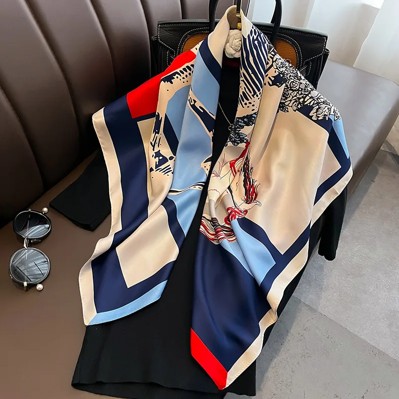 New 90×90CM Women Twill Imitation Silk Printed Horse Pattern Retro Large Square Scarf Multifunctional Scarf Wholesale