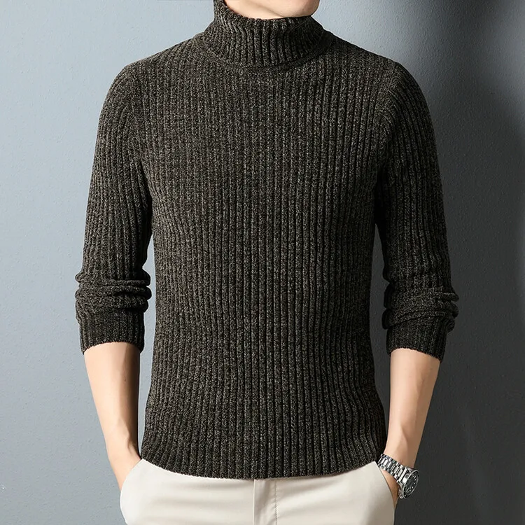 New Men's High Neck Sweater Fashion Casual Stripe Knitted Warm Thickened Sweater Pullover Sweaters