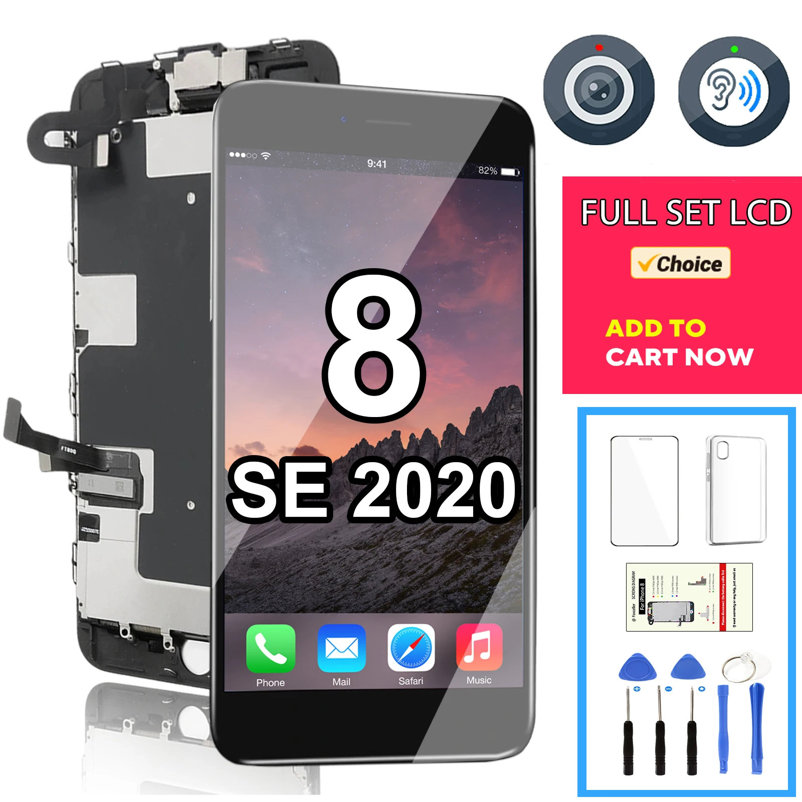 Ekran LCD do iPhone'a 8 SE 2020 SE2 Pełny zestaw wyświetlacza dotykowego Digitizer Kompletny zamiennik z aparatem A1863 A2275 A2296