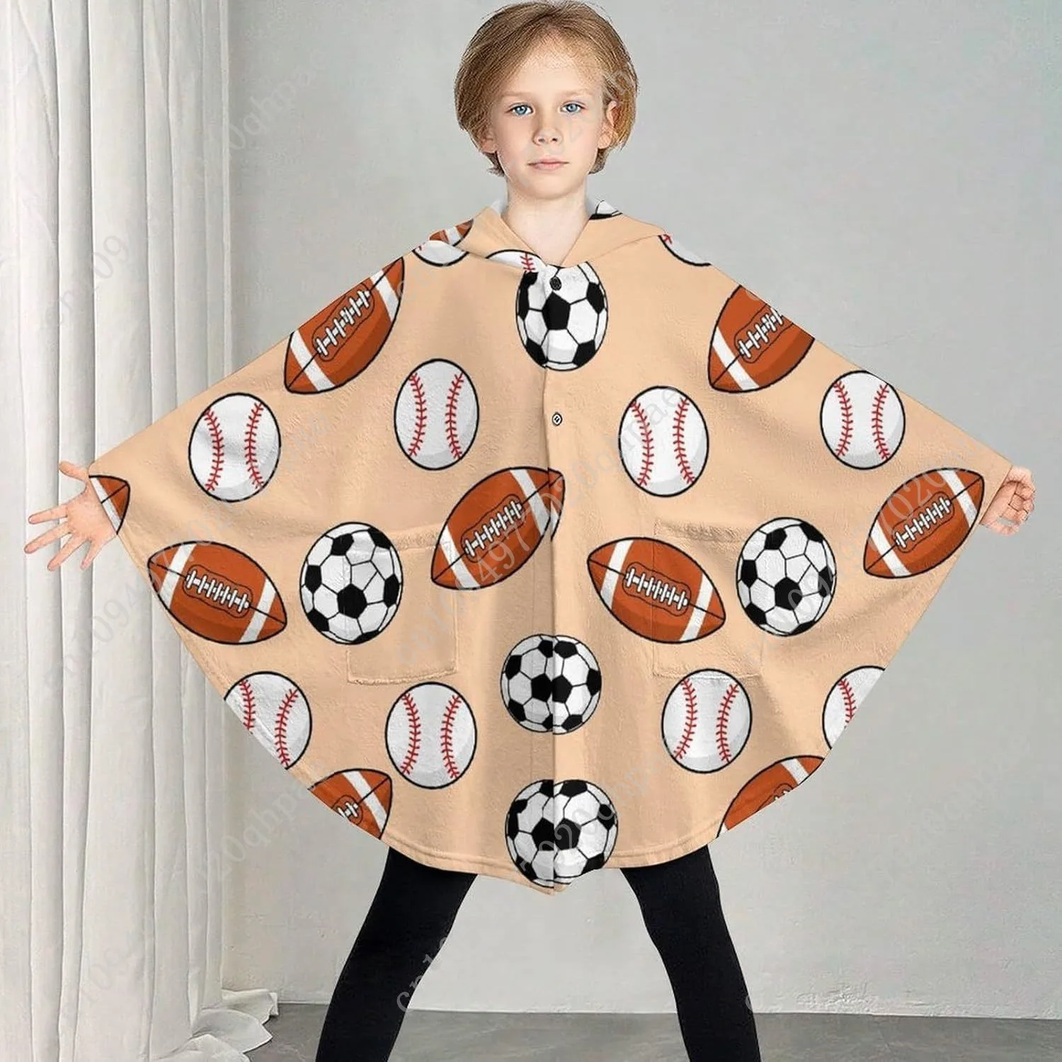 아늑한 플란넬 담요 스웨터, 스포츠 공 패턴의 포켓이 있는 오버사이즈 후드티, 어린이 및 청소년용