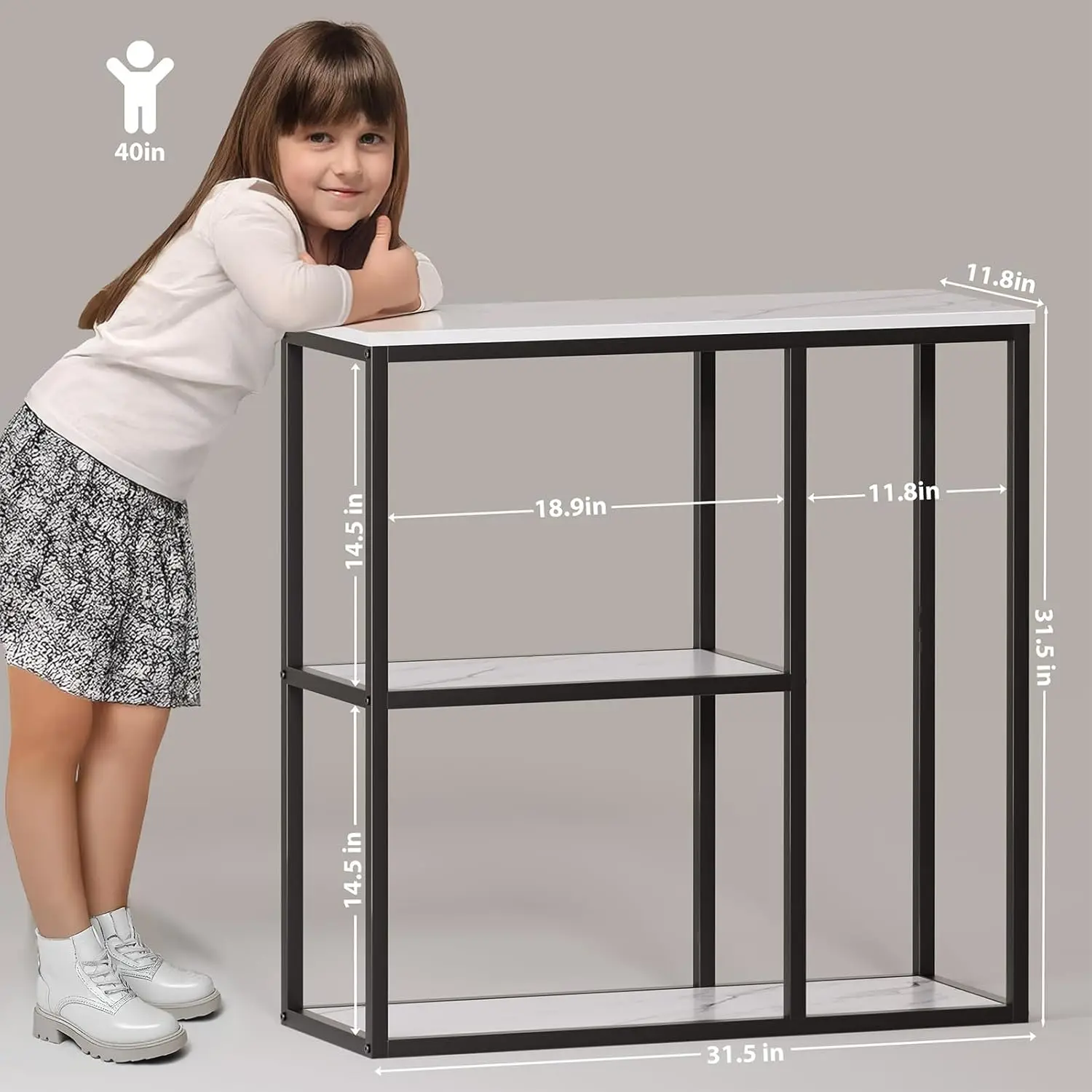 Modern Industrial Console Table, 31.5 Inch Narrow Entryway Sofa Table with 3-Tier Storage Shelves, White Marble Top