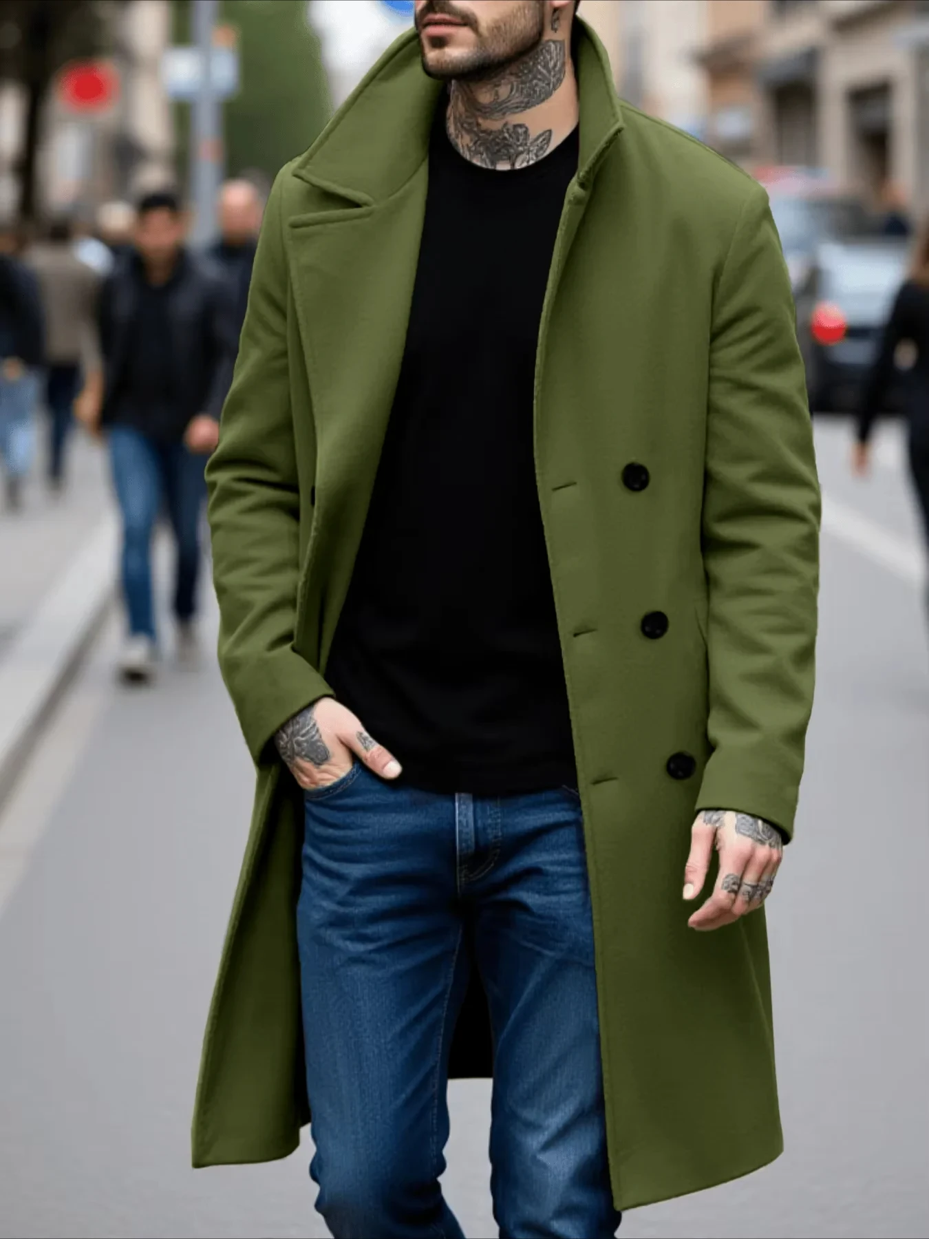 

Men's Streetwear Woolen Coat Double-Breasted Retro Design Thickened Tweed With Warm Stand Collar Manswear Streetwear