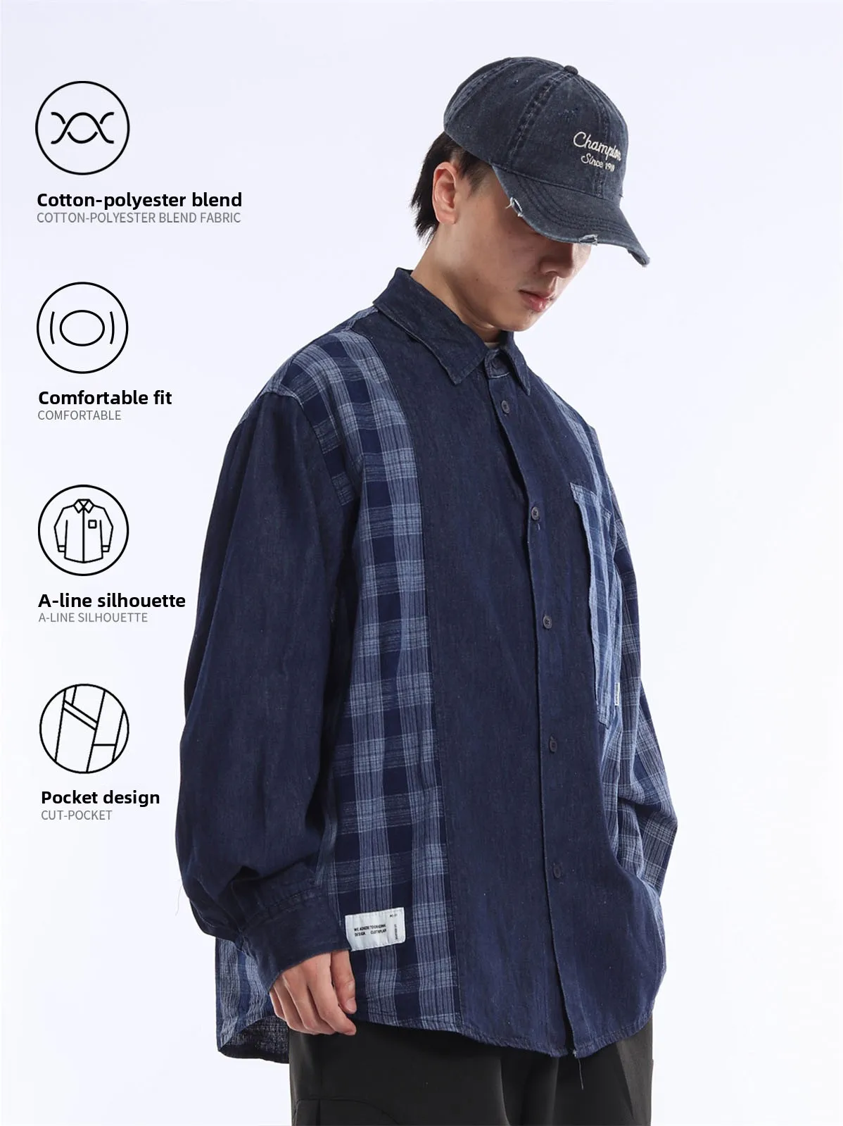 Retro Japanese Style Plaid Long Sleeve Denim Workwear Shirt Loose Casual Versatile Men's Checkered Top Coat Youth Autumn Cott...