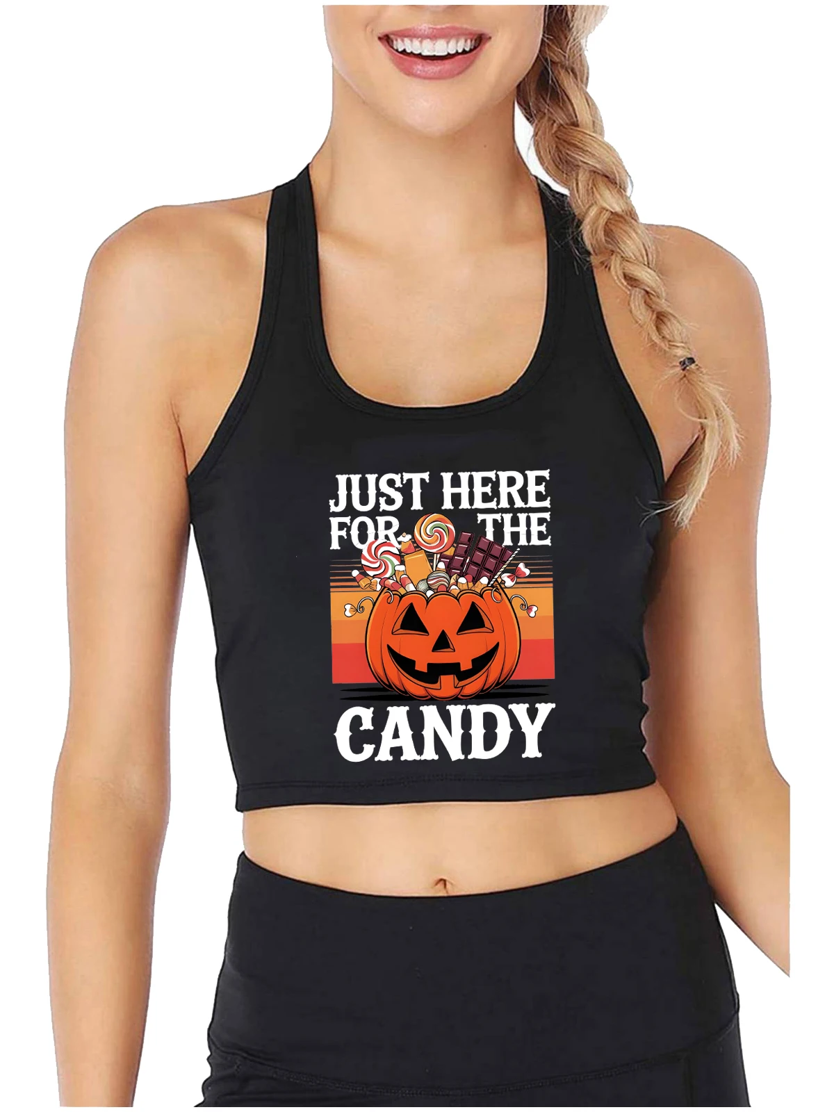 Just Here For The Candy Design Crop Top Girl's Spooky Season Funny Tank Top Halloween Scary Pumpkin Character Smiling Camisole