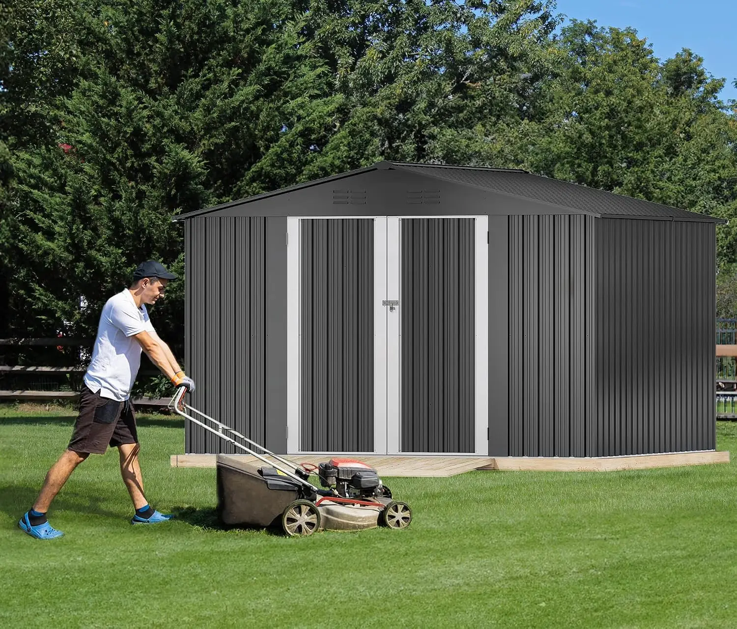 Dark Gray 10X8Ft Outdoor Storage Shed Large Metal Tool Sheds Heavy Duty Storage House Lockable Doors Air Vent Backyard Patio Law