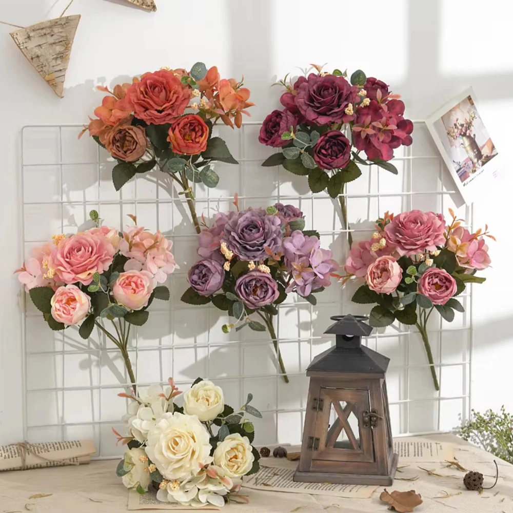 Retro Hydrangea Core Fake Peony Bouquet Simulation Wholesale Wedding Staircase Decorative Artificial Flowers Silk Flowers