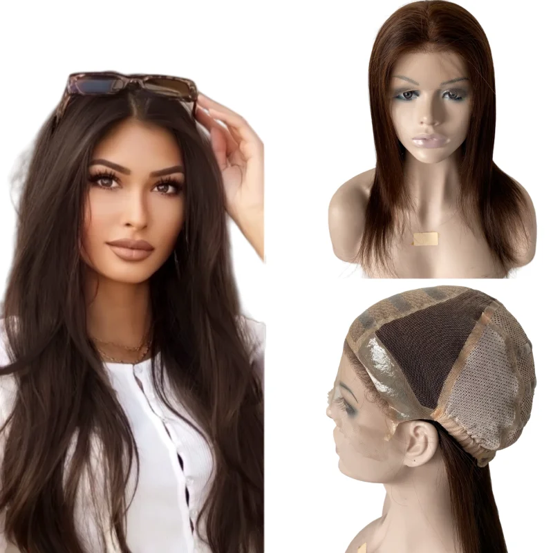 

12-22 inches Indian Virgin Human Stright Hair #2 #4 brown color 5x5 silk top non-slip silicone180% Density Wig for Women.