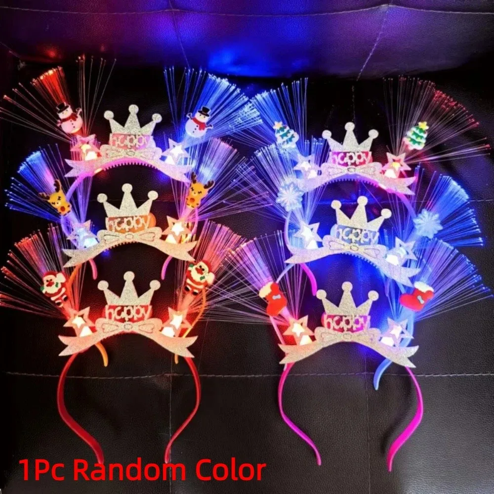 Sweet 2027 New Year Headband Optic Fiber Light Up Glitter Christmas Hair Hoop Lightweight Plastic Cartoon Holiday Hairbands