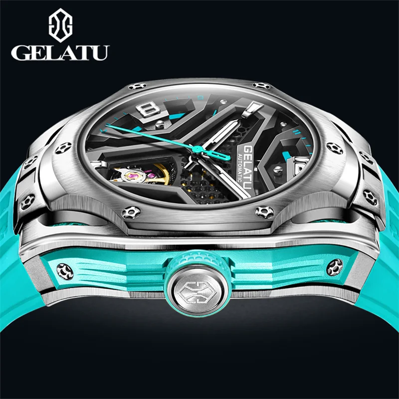 GELATU Automatic Mechanical Watch for Men 53mm Big Dial Wristwatch Skeleton Tourbillon Design Man Waterproof Watch Reloj Hombre