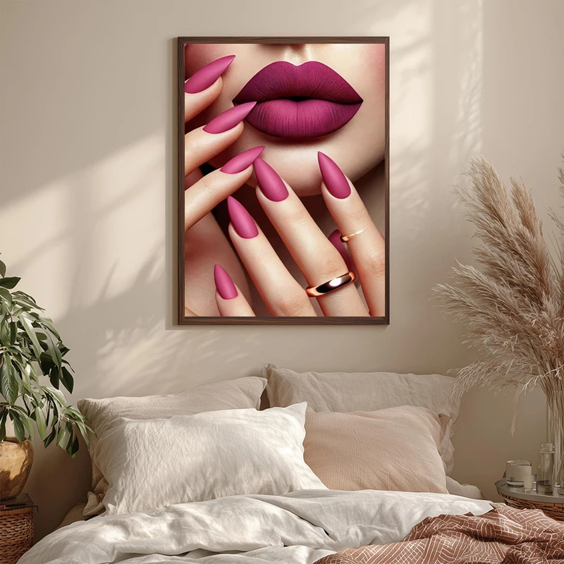 Fashion Lip Makeup and Nail Poster Pink Lips & Gold Accents Canvas Painting Print for Beauty Salons Wall Home Decor Cuadros
