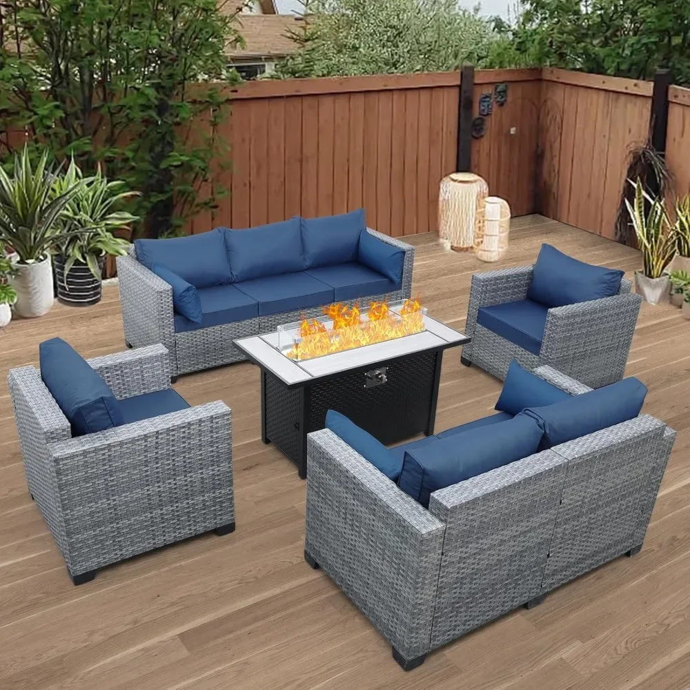 

5 Piece Wicker Patio Furniture Sets Outdoor Conversation Set, PE Rattan Sectional Sofa Couch with 45" Fire Pit Table