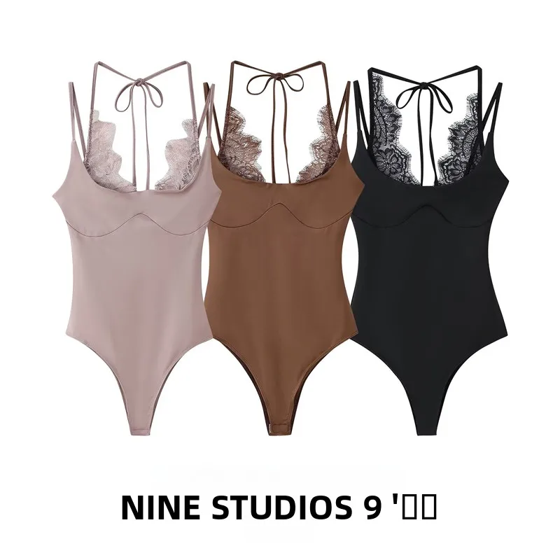 

Женский облегающий трикотажный комбинезон NINE ZAR с кружевными вставками, сексуальный, с вырезом халтер, с завышенной талией, прямой крой, короткий, из полиэстера