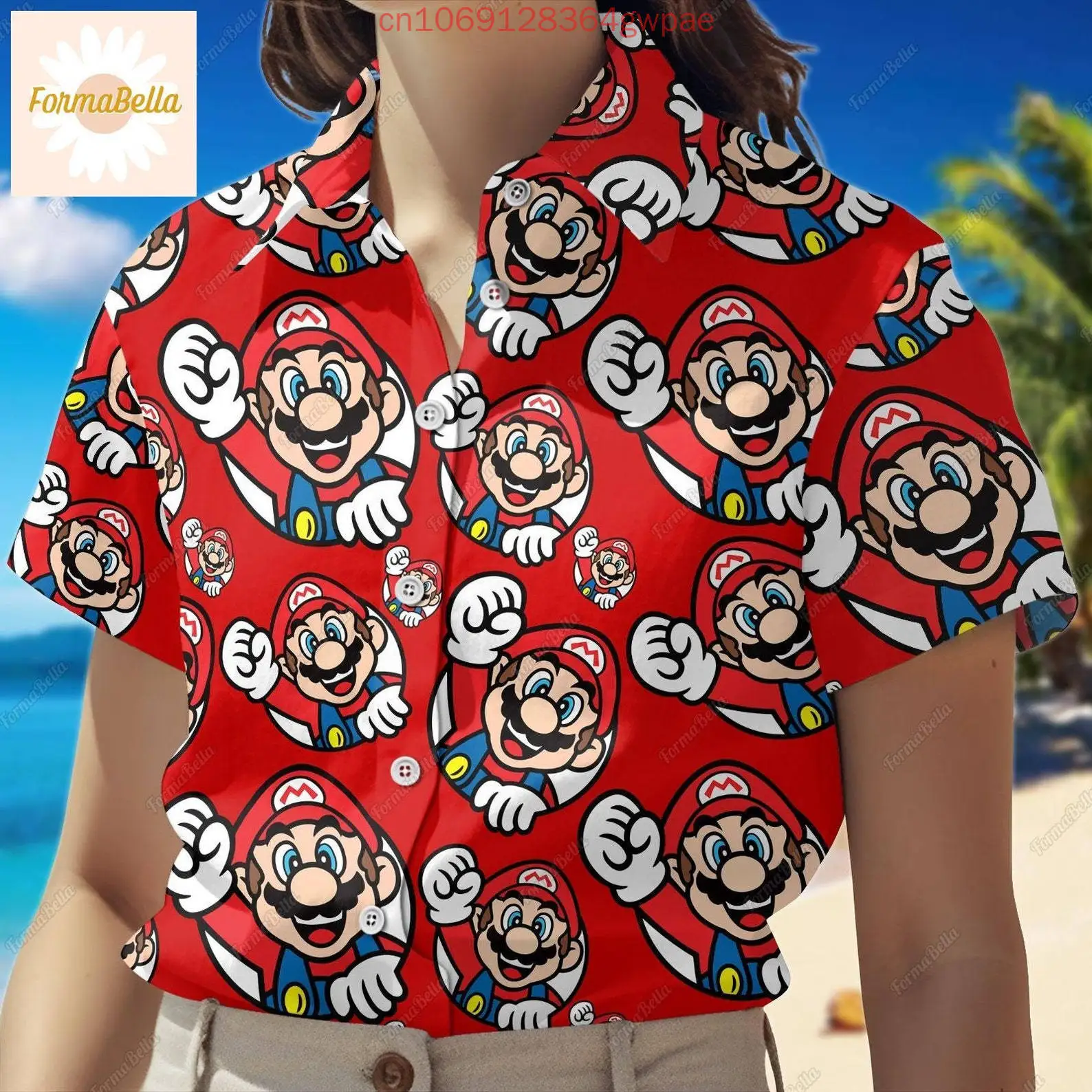 슈퍼 마리오 여성 반팔 하와이 셔츠 여름 패션 섹시한 해변 셔츠 공주 복숭아 캐주얼 태양 보호 셔츠