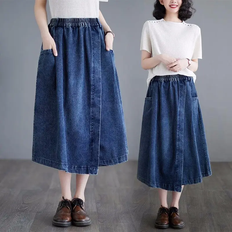 

Large Size Irregular Spliced Split Denim Skirt Women's Spring/Summer High Waist Slim Design A-Line Skirt Jeans Saia Midi Z699