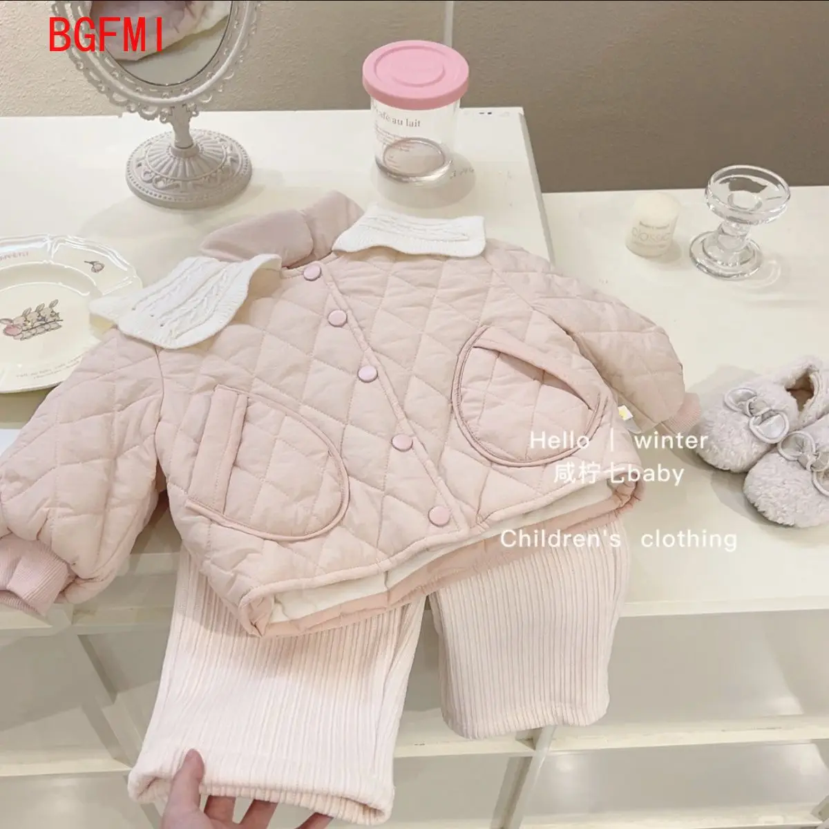 

Girls Pink Velvet Inner Cotton Coat Outer Wear Jacket Winter Clothing New Kid Fleece Quilted Baby Lapel Single-breasted Overcoat