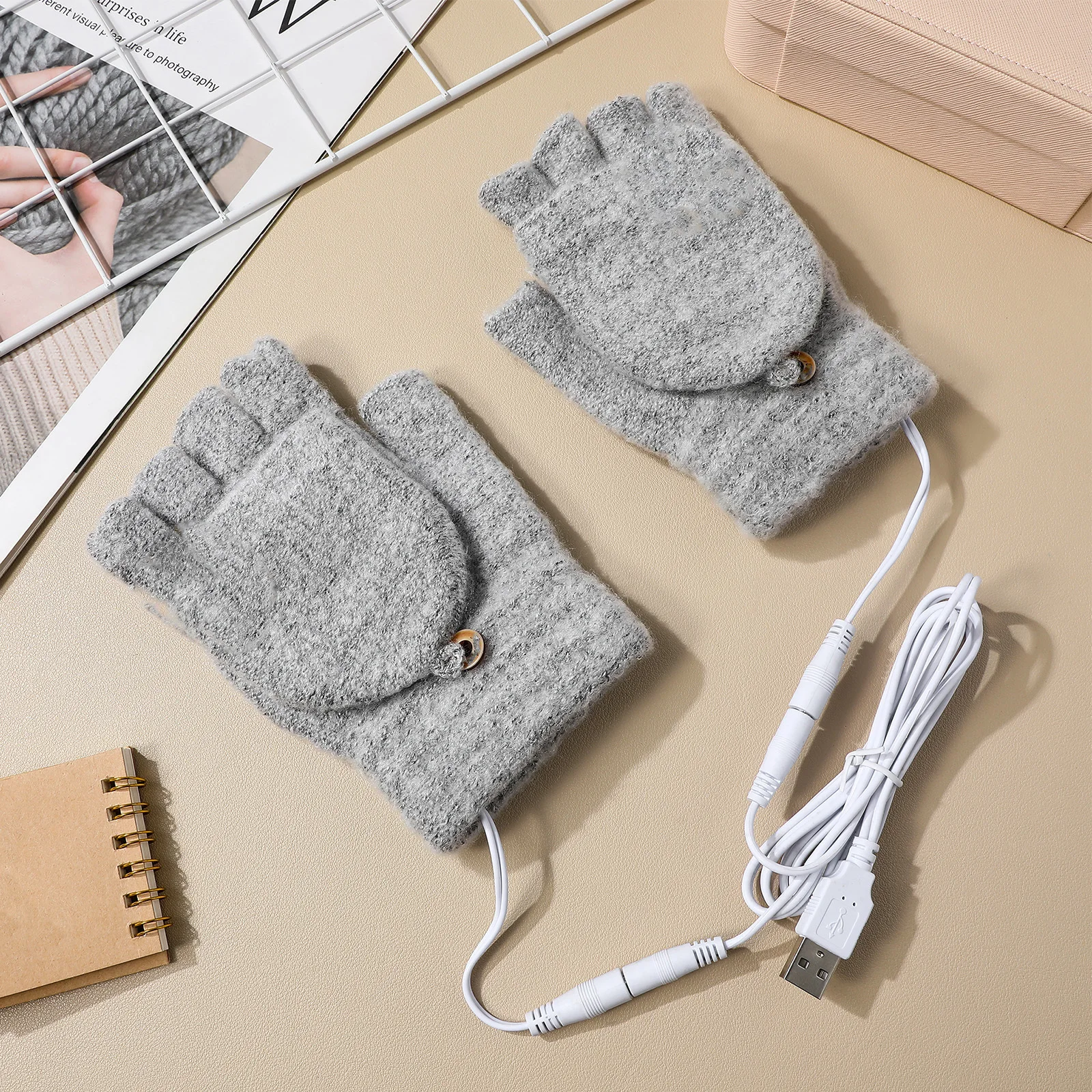 

1Pair Heated Gloves USB Rechargeable Warm Knitting Mittens for Skiing Hunting Travel Typing Half Finger Winter Accessory