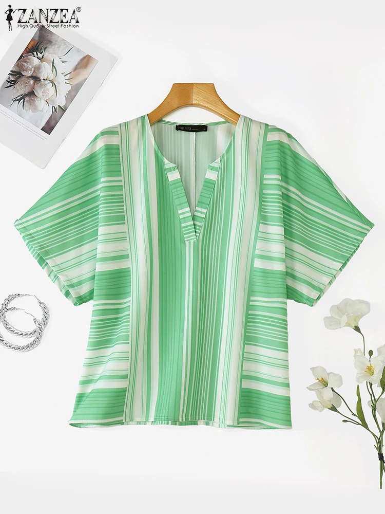 

ZANZEA Women T-Shirts Printed Striped Tops Vintage Blusas Short Sleeve V Neck Tunics 2025 Fashion Casual Beach Summer Pullovers