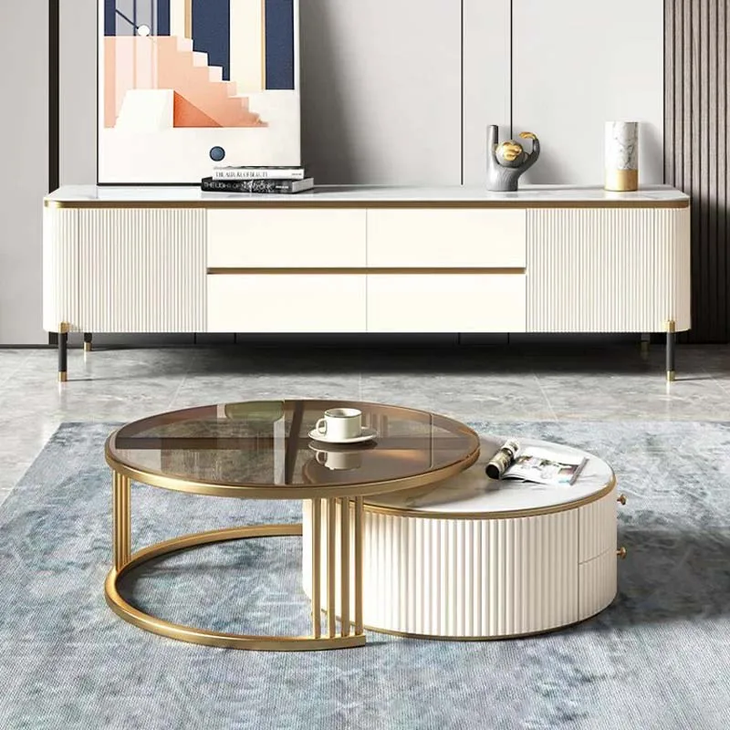 Modern Living Room Furniture Gold Base Stainless Steel Coffee Table White Stone Two Pieces Round Coffee Table And Tv Stand Set