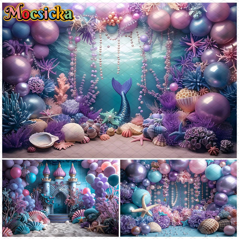 

Mocsicka Mermaid Theme Photography Background Birthday Party Cake Smash Baby Shower Underwater World Decor Backdrop Photo Studio