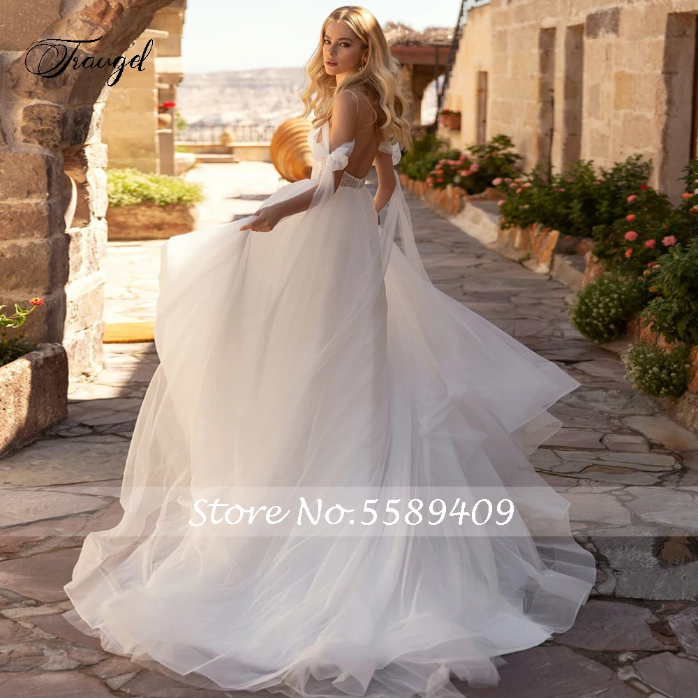 Traugel Sexy Backless Sweetheart Ribbons Vintage Wedding Dresses Exquisite Applique Beaded Court Train A Line Bridal Gown