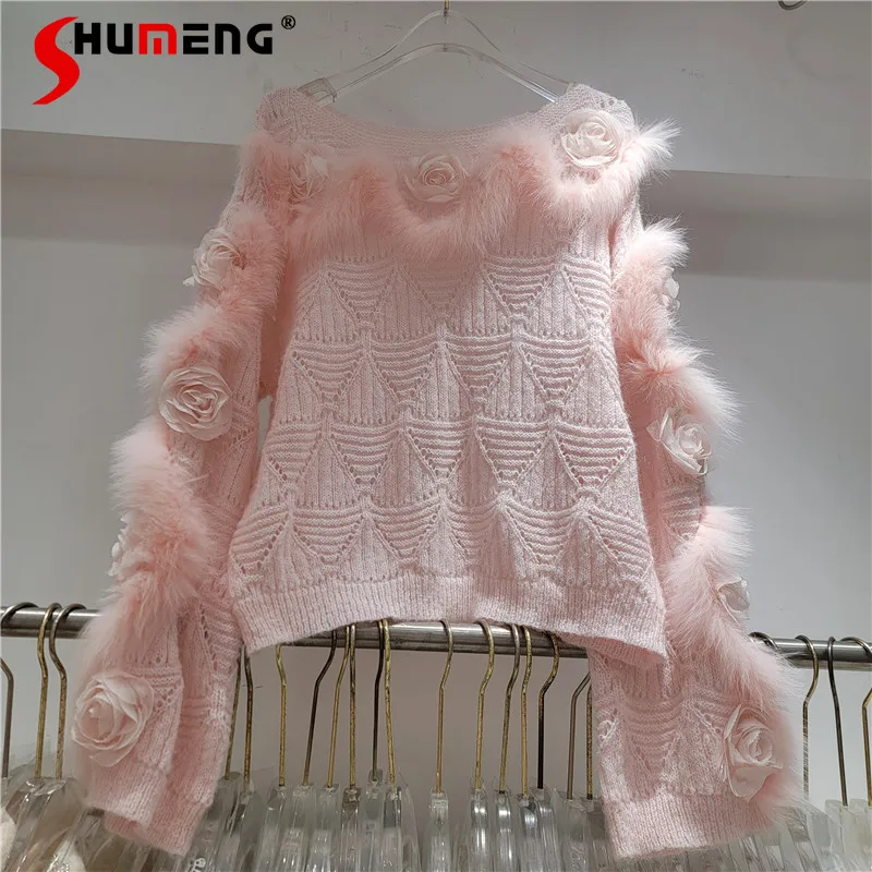 

Female Solid Color Knitted Hollow Out Tops Women 2025 Autumn New Stylish Design Three-Dimensional Flowers Long Sleeve Knitwears
