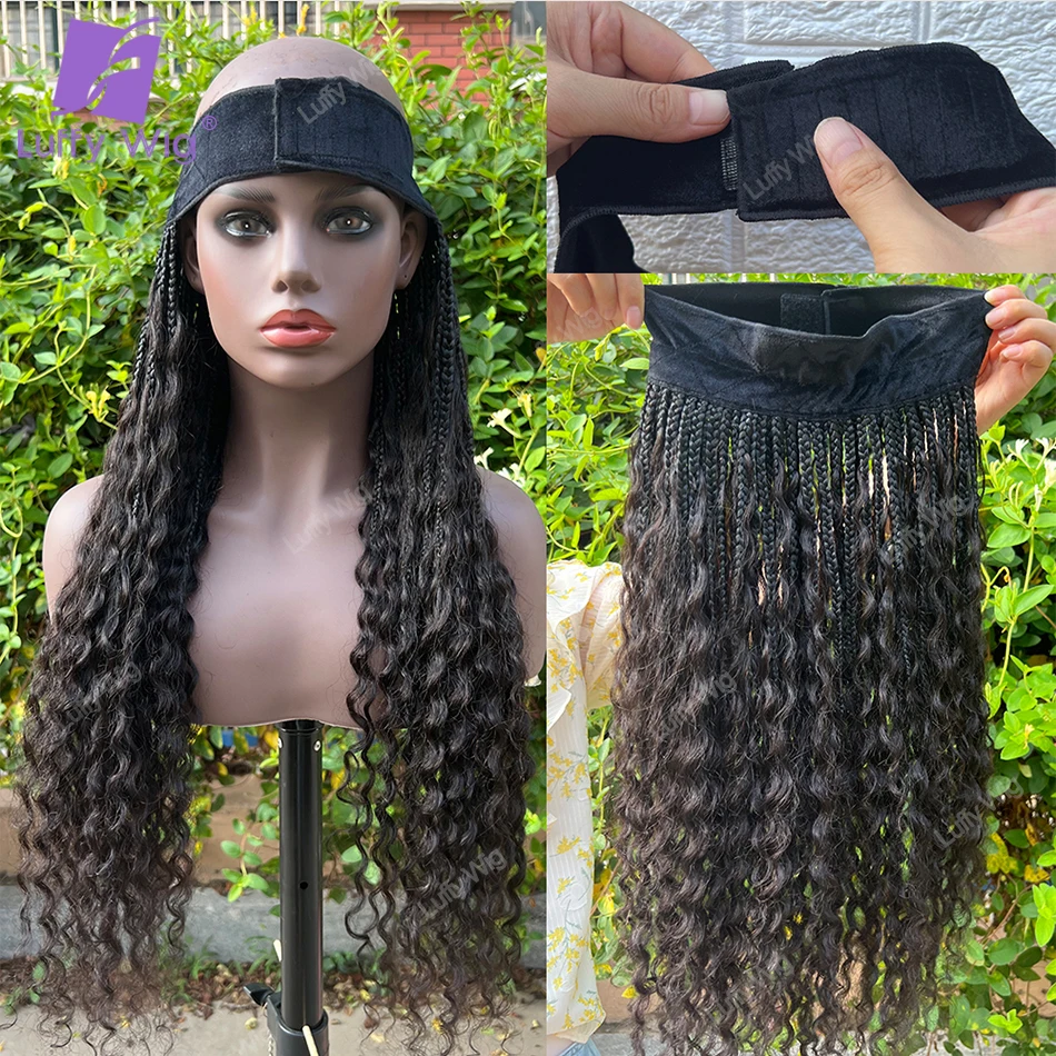 Boho Box Braid Band Pre-Braided Synthetic Braids with Human Hair Curls Braiding Hair Without Baseball Cap Hat for Black women