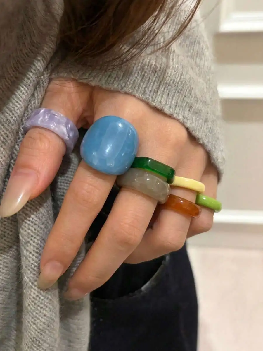 

Chunky Translucent Resin Asymmetrical Wide Ring Set For Women