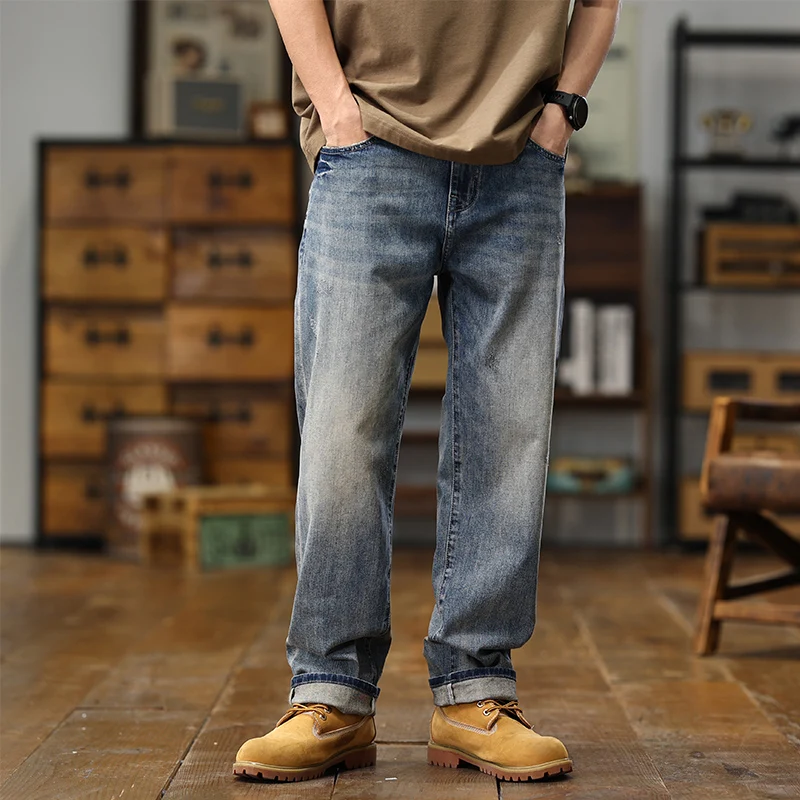 Spring/Summer Loose Straight American High Street Elastic Light Blue Denim Pants Baggy Wide Leg Jeans Streetwear Men