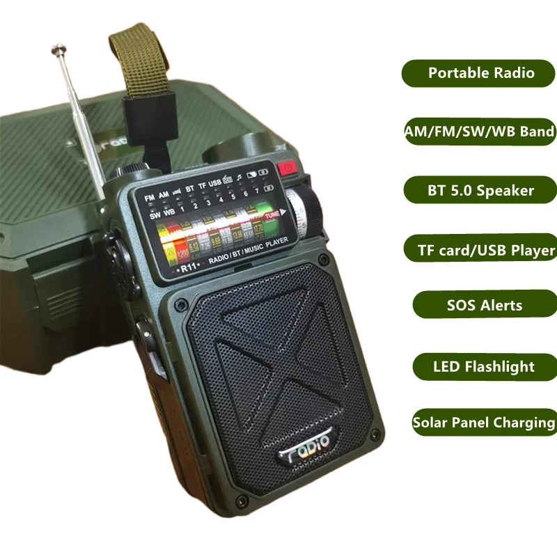 

Outdoor Solar Emergency Hand Crank Dynamo Radio USB Portable Vintage AM/FM/SW Full-band Radio BT 5.0 Speaker With Flashlight SOS