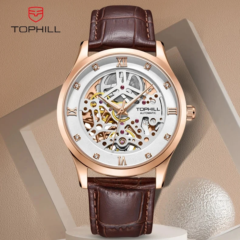 TOPHILL Business Men's Watch Automatic Mechanical Watch 42mm 5Bar Waterproof Sapphire Wristwatch for Men Leather Band TW086G