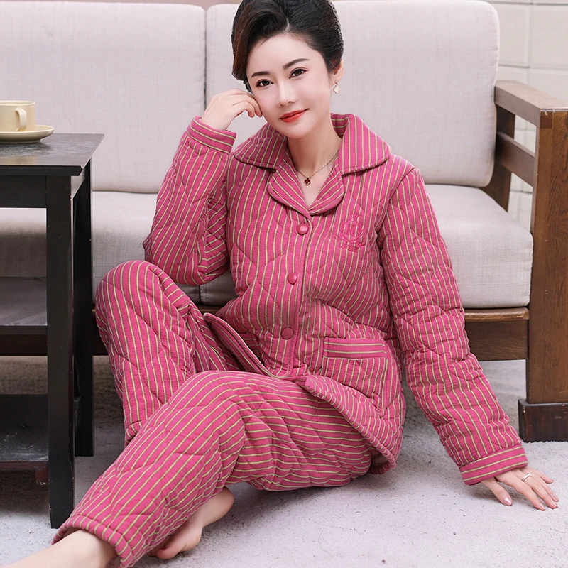 Female Winter Warm Pajama Set Elegant Flowers Three-layer Thick Cotton Quilted Warm Sleepwear Home Wear Clothes Suit for Women