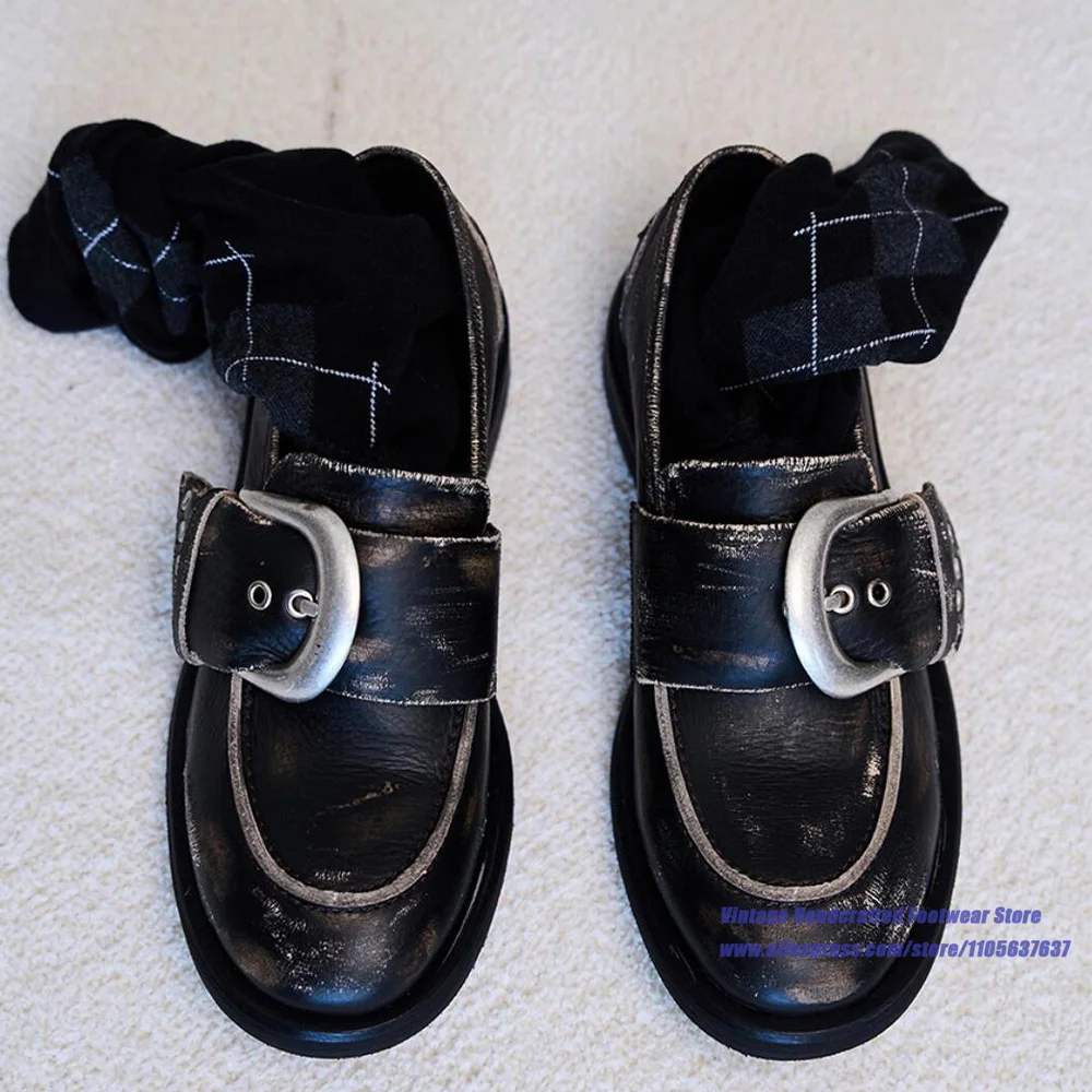 Vintage Metal Buckle Strap Loafers for Men Low Platform Retro Gothic Casual Slip On Dress Shoes Vintage Handcrafted Men's Shoes