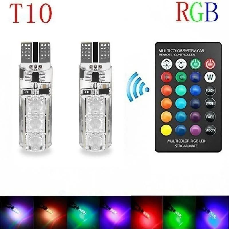 2x T10 W5W 501 Car Wedge Side Light Atmosphere Bulb 12V 6SMD 5050 RGB 7 Color LED Remote Control Strobe Flash Lamp With Battery