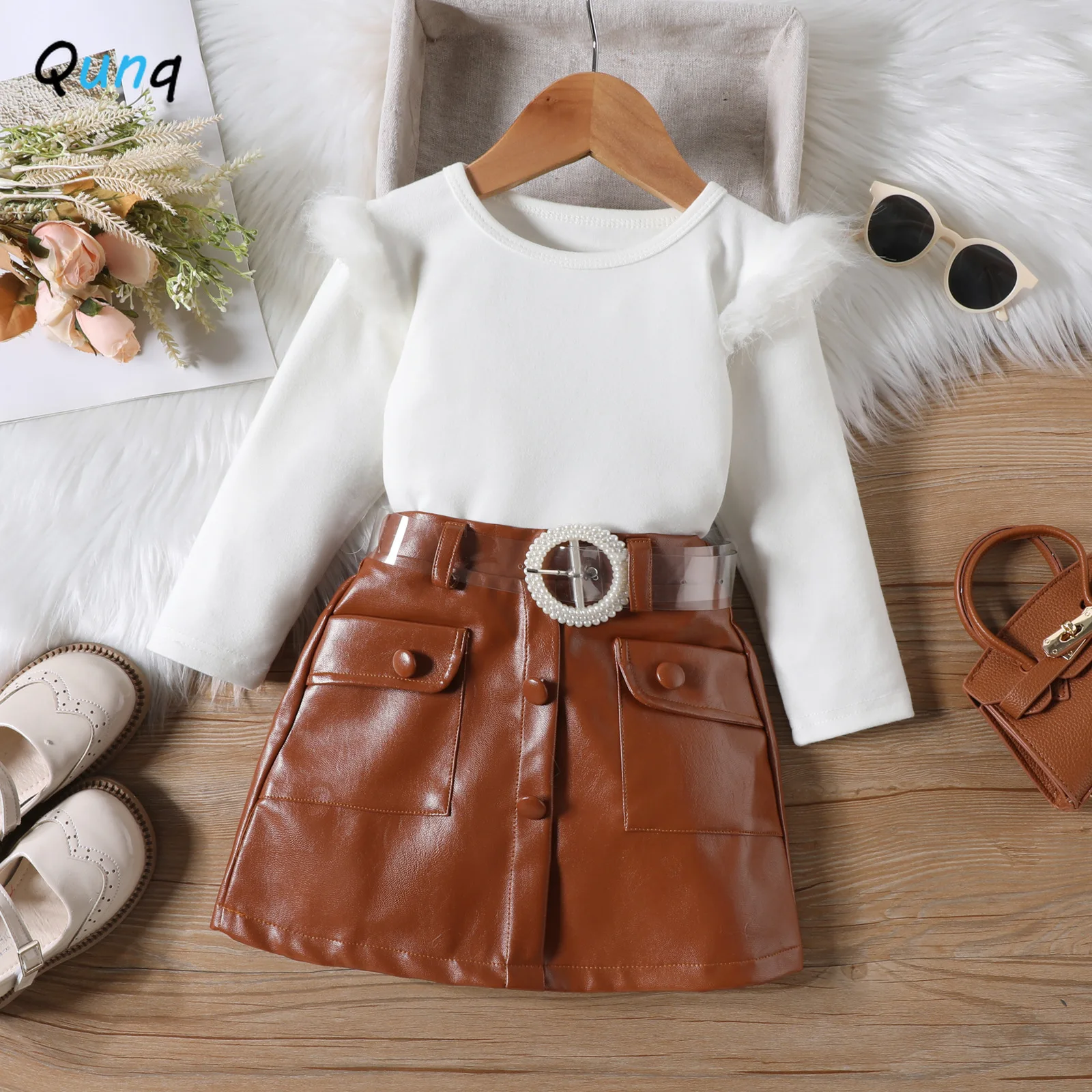 

Qunq 2023 Autumn New Girls Fashion Long Sleeve Patchwork Pullover Top + Leather Skirt 2 Pieces Set Causal Kids Clothes Age 3T-8T