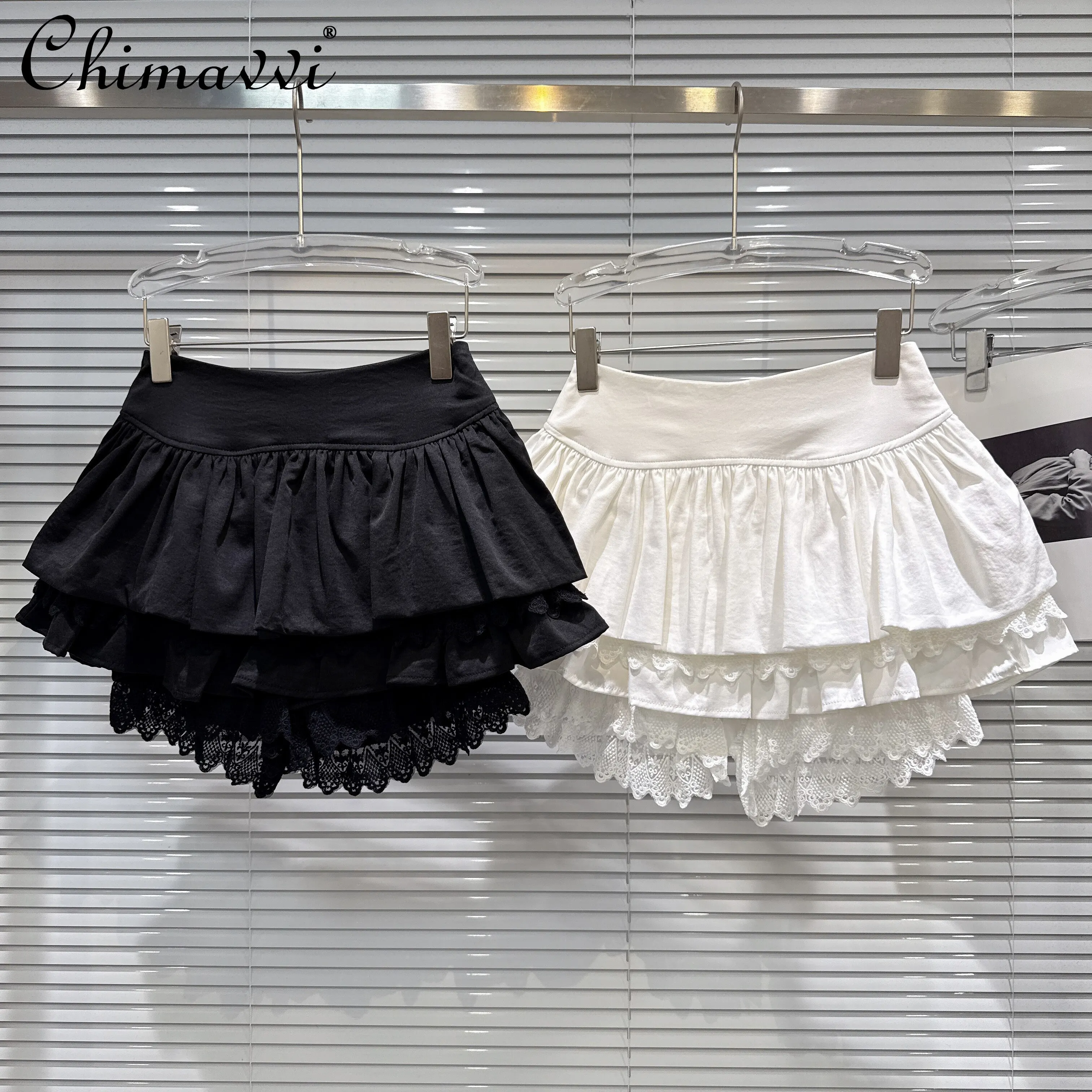

2026 Summer Korean Sweet Cute Girl's Versatile Y2K Bud Skirts Lace Splicing High Waist A-line White Mini Cake Skirt for Women
