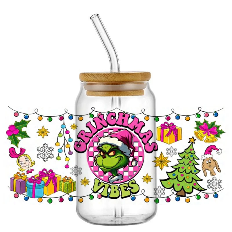 Miniso Christmas Green Baby Character UV DTF Sticker For 16OZ Libbey Glass Cup Can Wrap Transfer Stickers Custom Labels DIY Logo