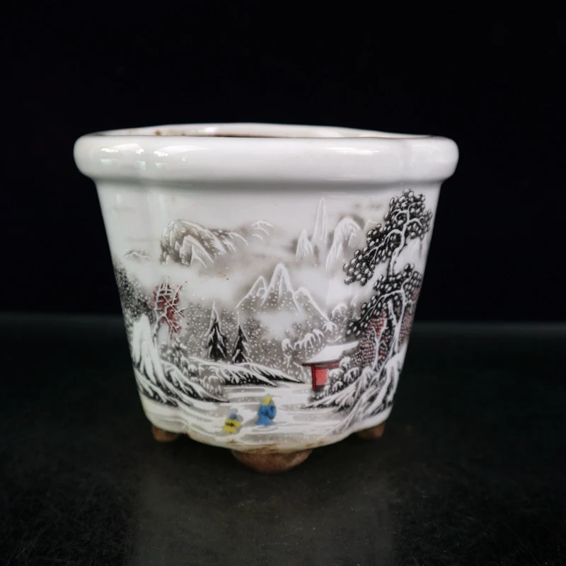 

Chinese Old Porcelain Flower Pot Pink Snow Landscape PatternTraditional Oriental Decorative Planter