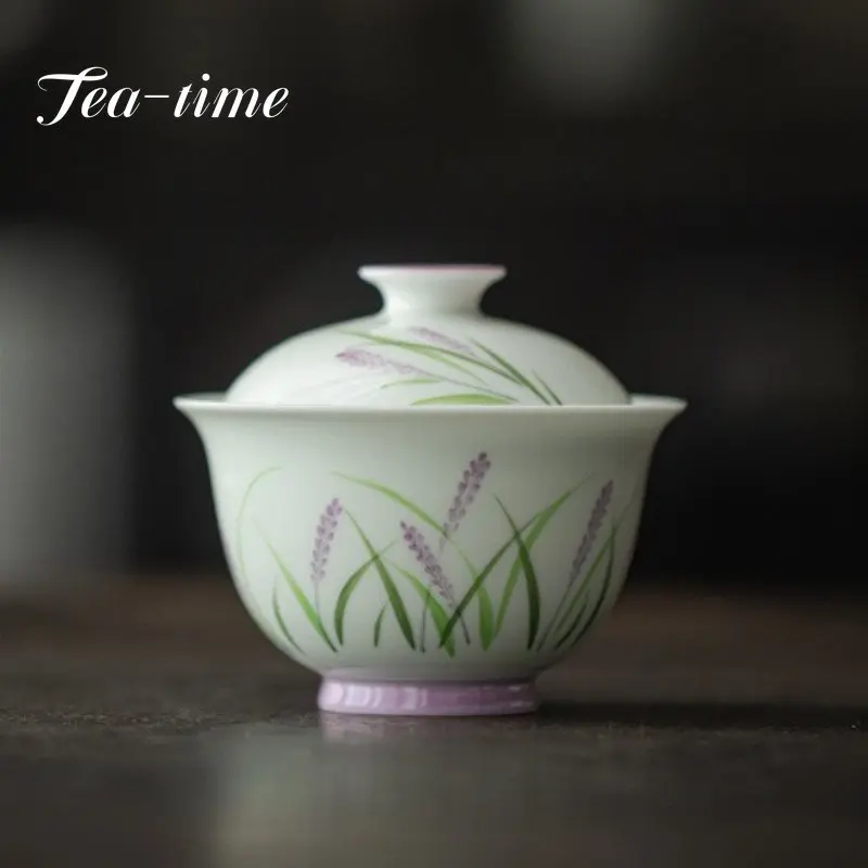 125ml Tea Tureen Hand-painted Lavender Ercai Gaiwan Ceramic Kung Fu Tea Set Purple Hand-Grabbed Tea Bowl Teacup White Porcelain