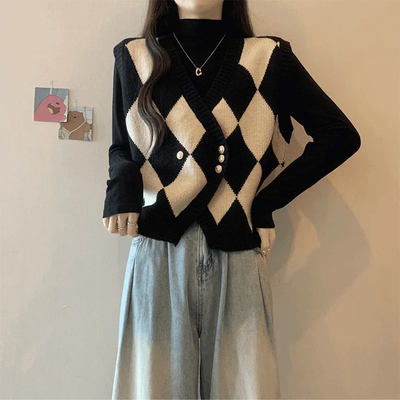 2025 nuove donne di arrivo primavera autunno chic vintage diamante maglia gilet bottone allentato vestibilità dimagrante cardigan aperto alla moda