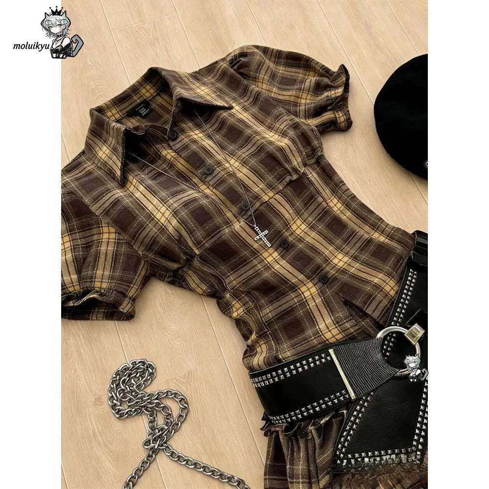 Y2K Grunge Brown Plaid Shirt Dress Women Puff Short Sleeve Collar Tiered Ruffle Mini Dress Gothic Vintage Streetwear Dresses view 5