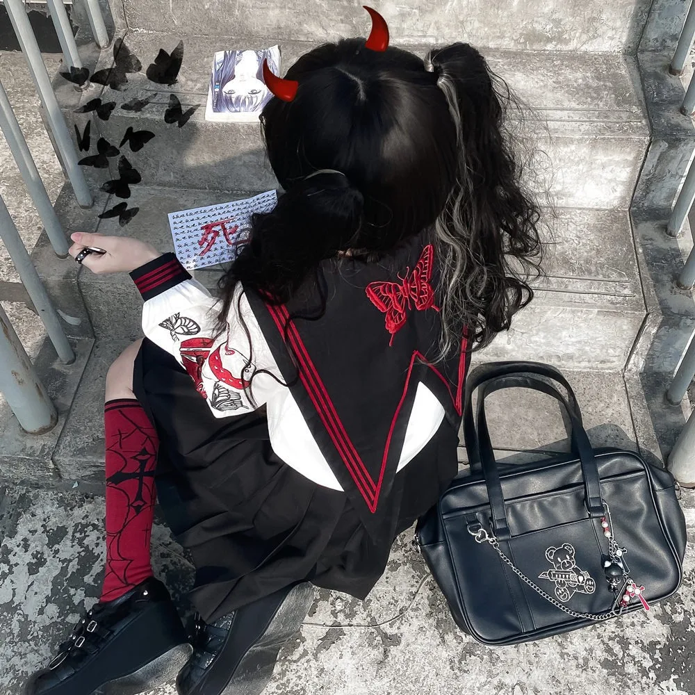 Nicemix Women Preppy JK Suit Genuine Japanese Dark Jk Uniform Shirt + gonna a pieghe nera Punk Girl ricamato Sailor 2 pezzi Suit