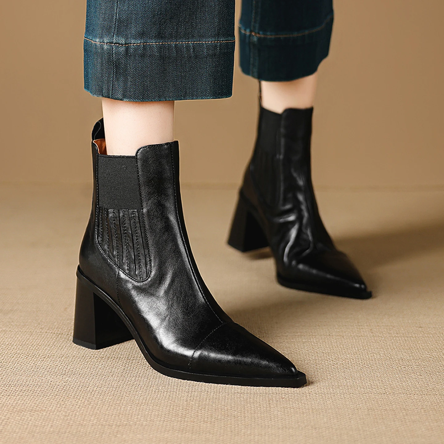 2026 new autumn winter women ankle boots natural leather plus size 22-25cm cowhide pointed toe thick heel chelsea boots fashion