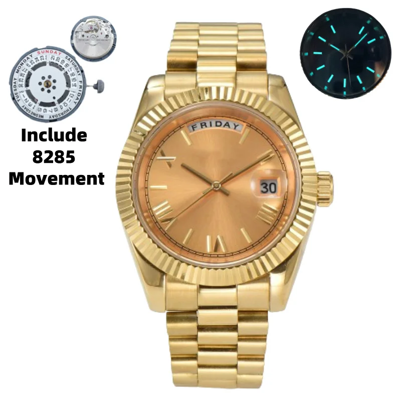 39mm Gold Men\'s Dual Calendar Watch 10BAR Waterproof 316L Stainless Steel Sapphire Glass Fit Miyota 8285 Movement Custom LOGO