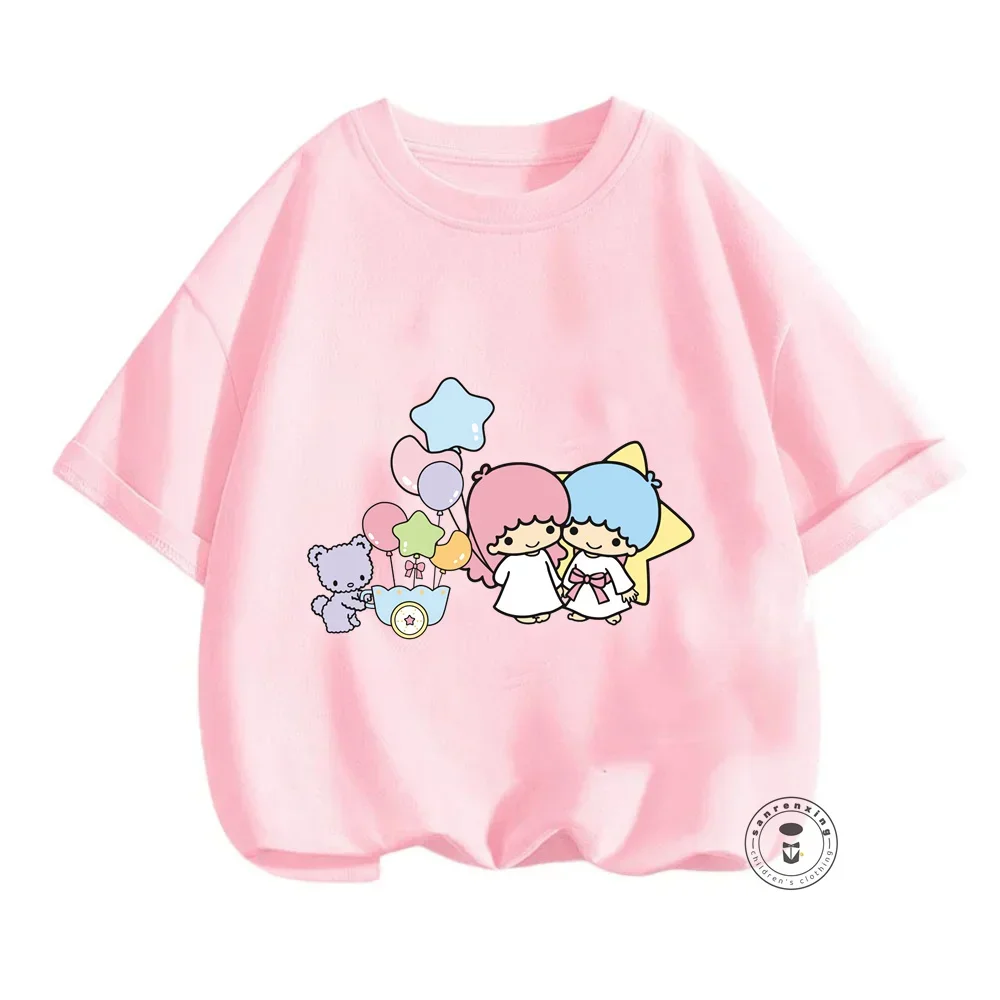 

Pleasant Sanrio Little Twin Stars Summer T-Shirts Embellished Vibrant Cartoon Prints for Kids in a Simple O-Neck Kawaii Fashion
