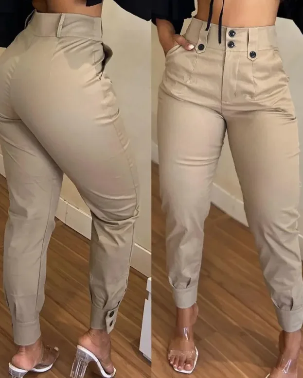 

Women Capris Spliced Cargo Pants Pockets Solid High Waist Zipper Fly Skinny Casual 2024 Button Pencil Pants Ankle Length